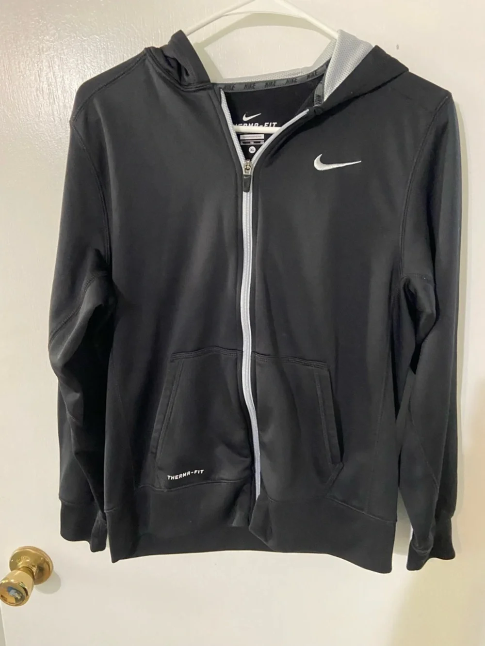 Nike Black Full-Zip Therma-Fit Hoodie Jacket with White Swoosh